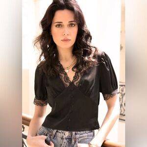 NWT Greylin Claudia black sateen lace trim blouse size small